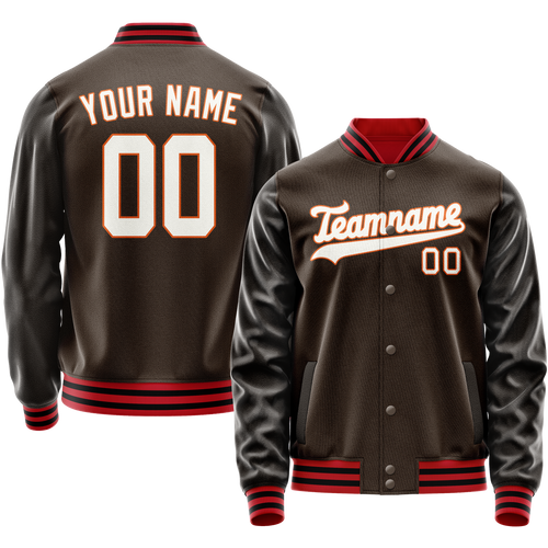 Custom Brown White Solid Color Varsity Letterman Jacket