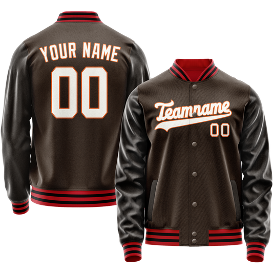 Custom Brown White Solid Color Varsity Letterman Jacket