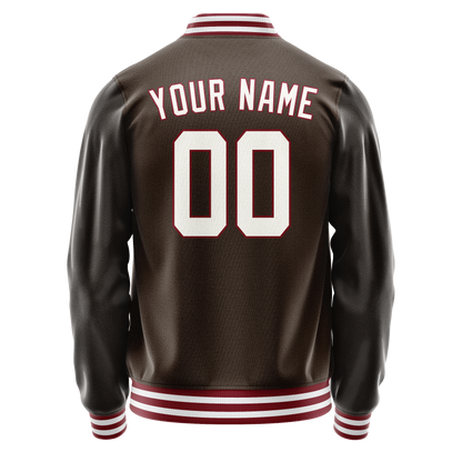 Custom Brown White Solid Color Varsity Letterman Jacket