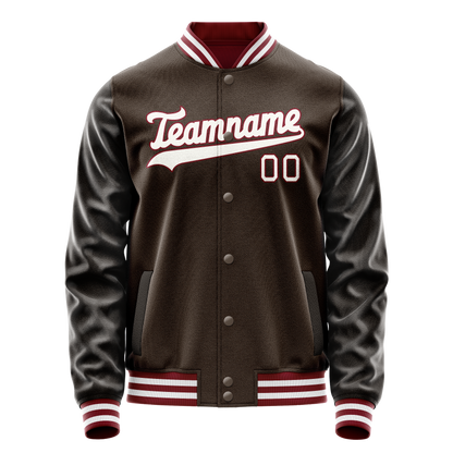 Custom Brown White Solid Color Varsity Letterman Jacket