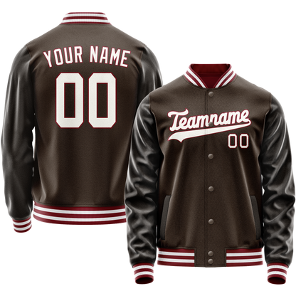 Custom Brown White Solid Color Varsity Letterman Jacket