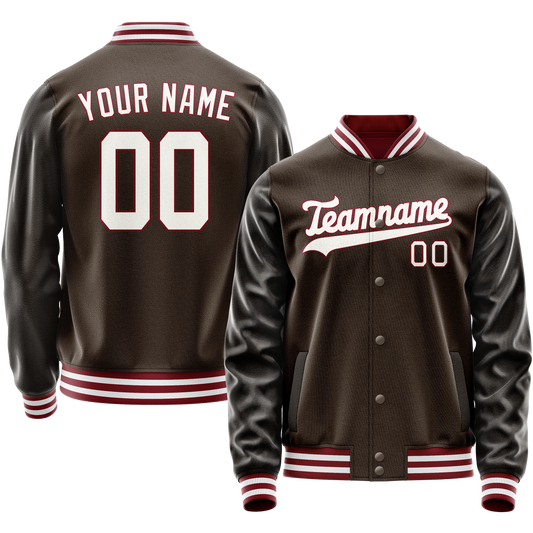 Custom Brown White Solid Color Varsity Letterman Jacket