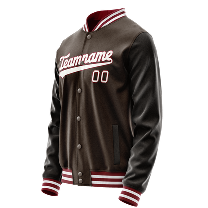 Custom Brown White Solid Color Varsity Letterman Jacket