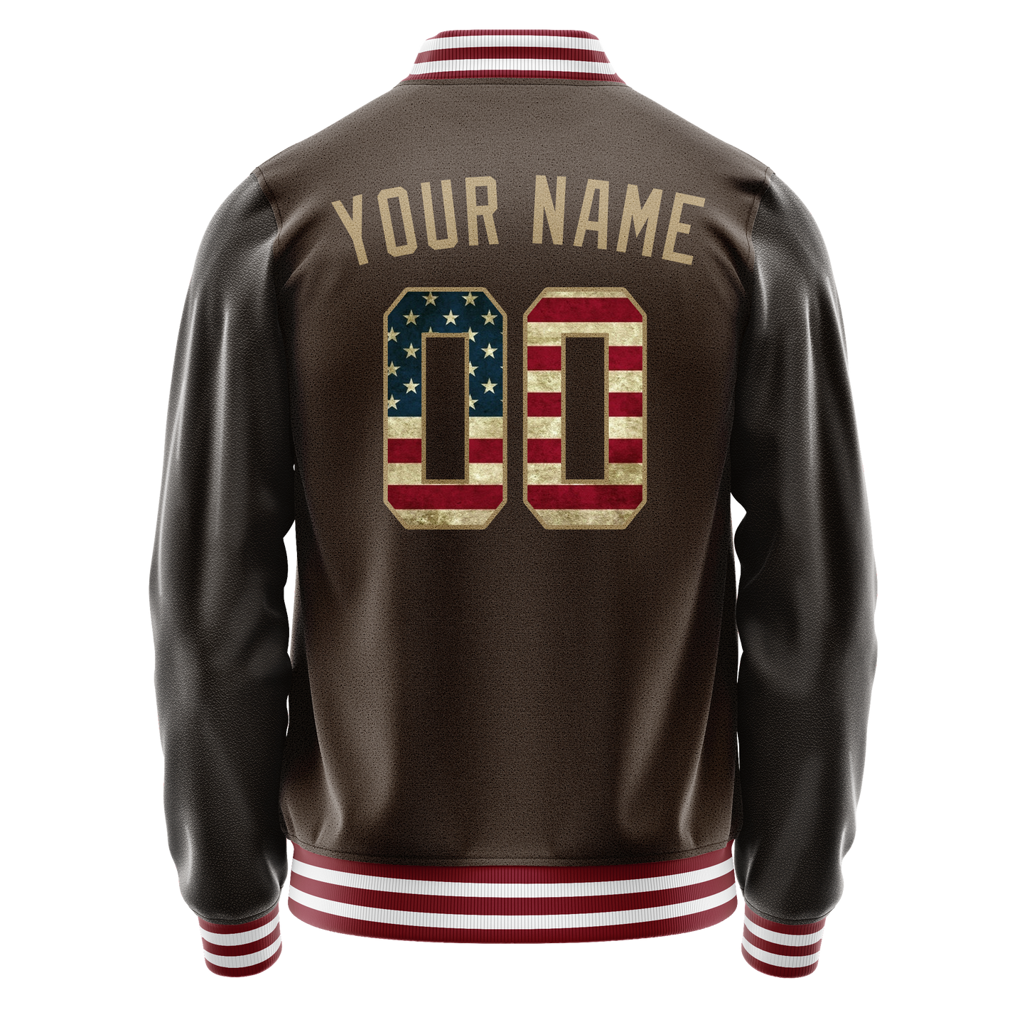 Custom Brown Cream Vintage Usa Flag Varsity Letterman Jacket