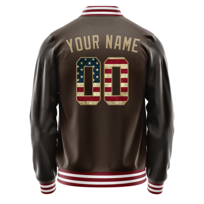 Custom Brown Cream Vintage Usa Flag Varsity Letterman Jacket
