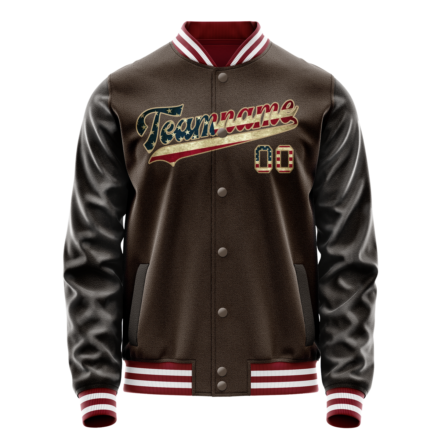 Custom Brown Cream Vintage Usa Flag Varsity Letterman Jacket