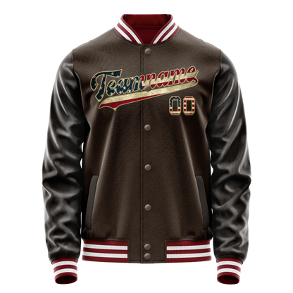 Custom Brown Cream Vintage Usa Flag Varsity Letterman Jacket
