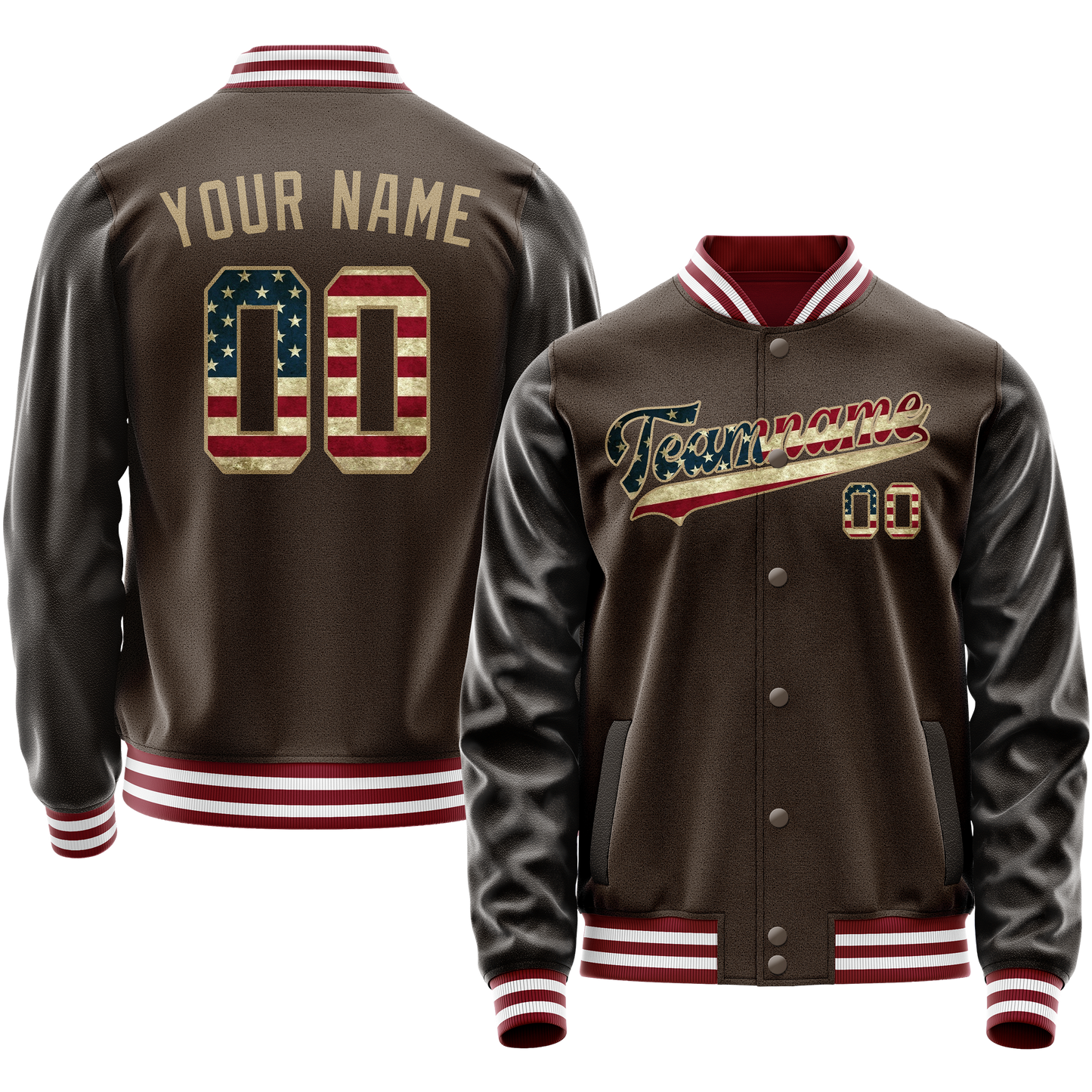 Custom Brown Cream Vintage Usa Flag Varsity Letterman Jacket