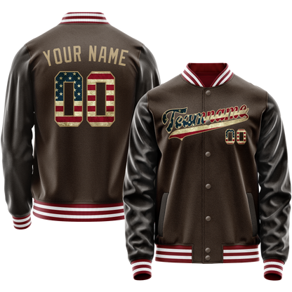 Custom Brown Cream Vintage Usa Flag Varsity Letterman Jacket