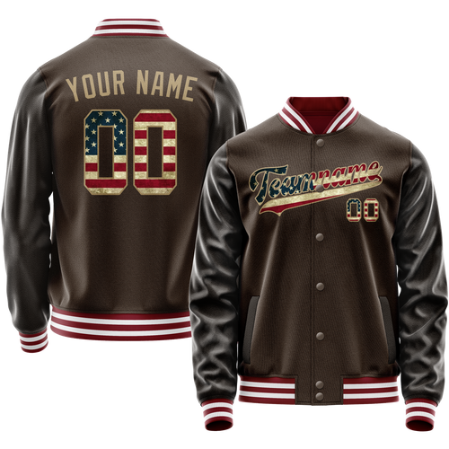 Custom Brown Cream Vintage Usa Flag Varsity Letterman Jacket