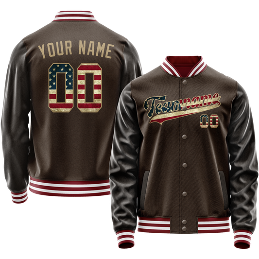 Custom Brown Cream Vintage Usa Flag Varsity Letterman Jacket