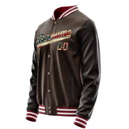Custom Brown Cream Vintage Usa Flag Varsity Letterman Jacket