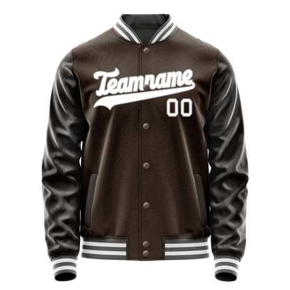 Custom Brown White Solid Color Varsity Letterman Jacket