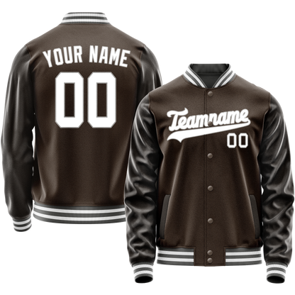 Custom Brown White Solid Color Varsity Letterman Jacket