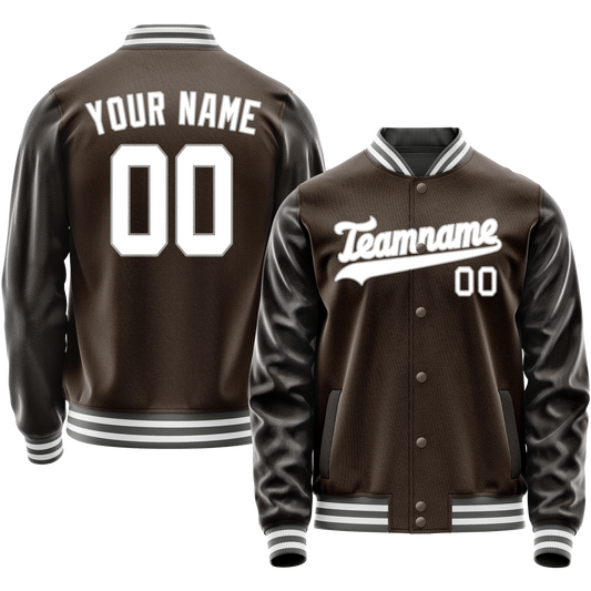 Custom Brown White Solid Color Varsity Letterman Jacket