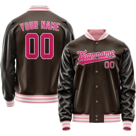 Custom Brown Pink Solid Color Varsity Letterman Jacket