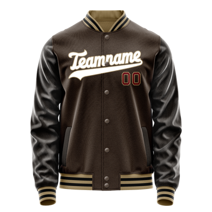Custom Brown White Solid Color Varsity Letterman Jacket