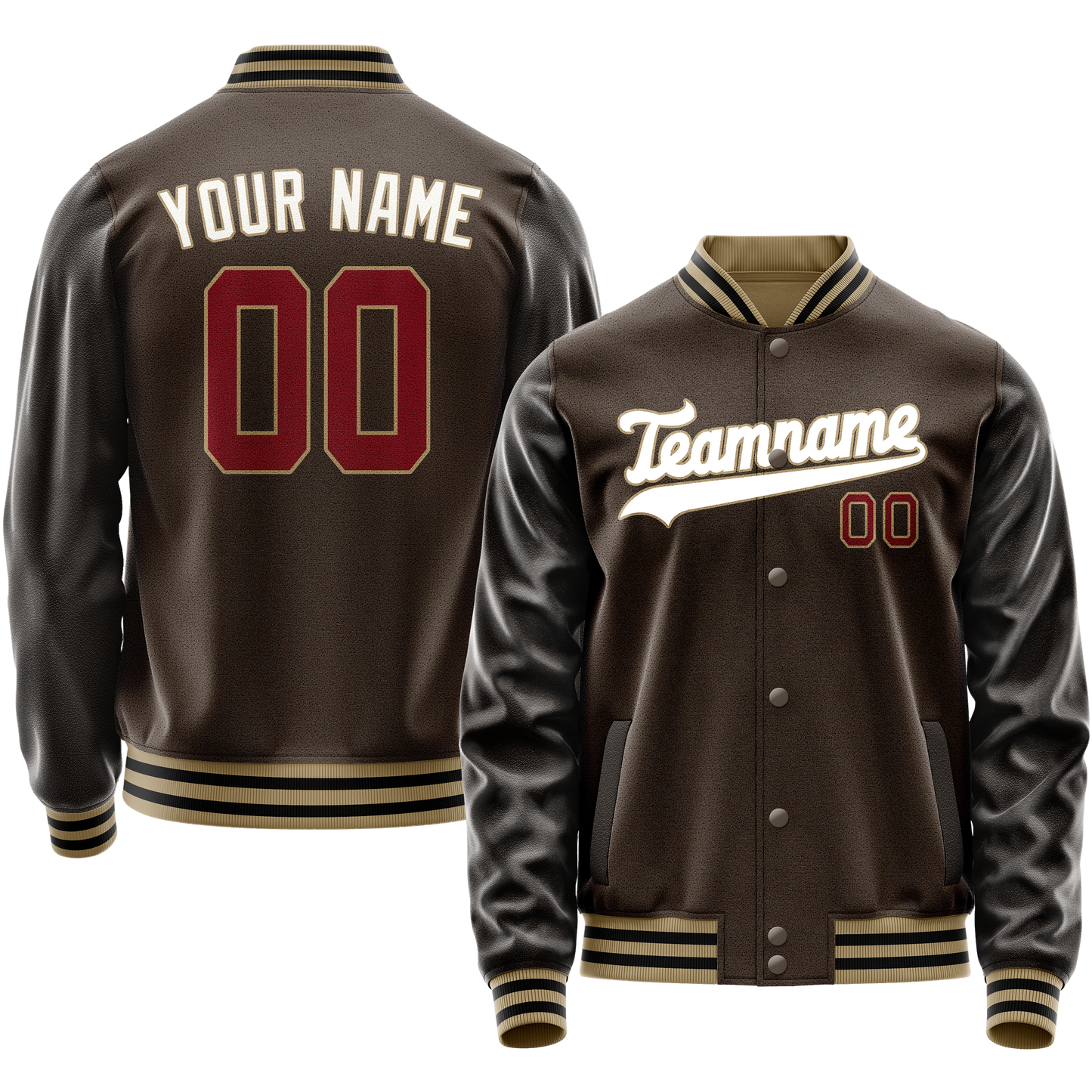 Custom Brown White Solid Color Varsity Letterman Jacket