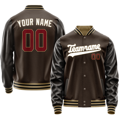 Custom Brown White Solid Color Varsity Letterman Jacket