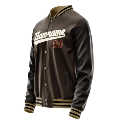 Custom Brown White Solid Color Varsity Letterman Jacket