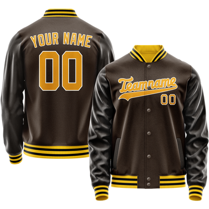 Custom Brown Gold Solid Color Varsity Letterman Jacket