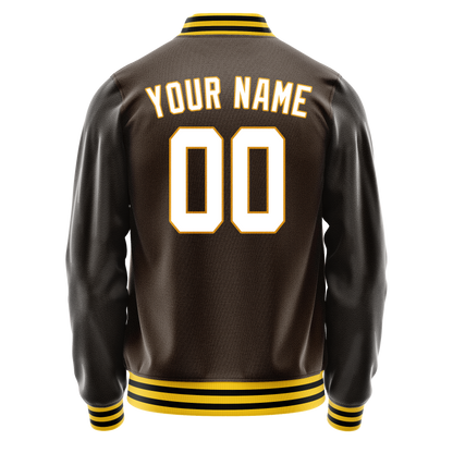 Custom Brown White Solid Color Varsity Letterman Jacket