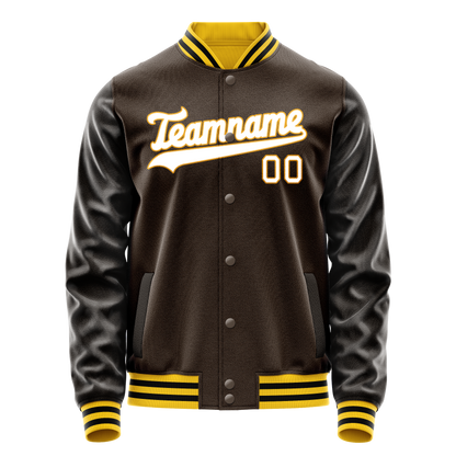 Custom Brown White Solid Color Varsity Letterman Jacket