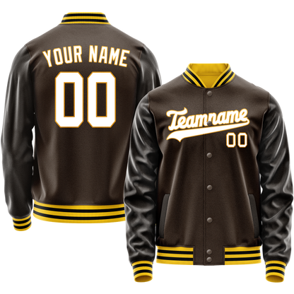 Custom Brown White Solid Color Varsity Letterman Jacket