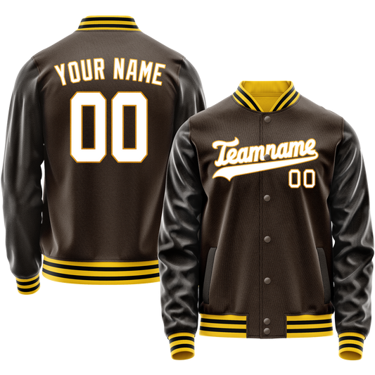 Custom Brown White Solid Color Varsity Letterman Jacket