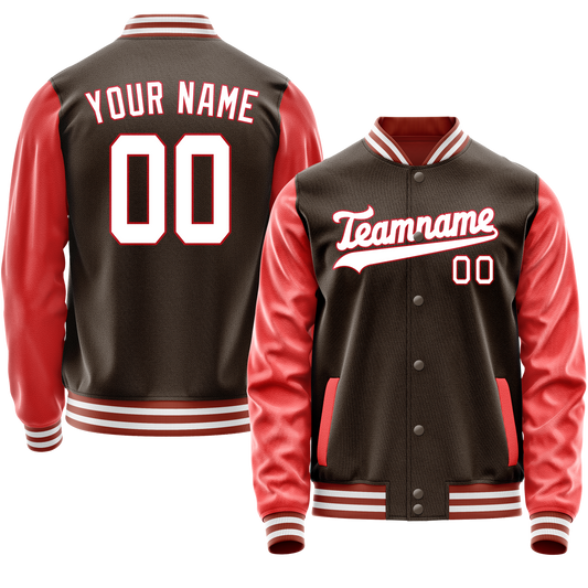 Custom Brown Texas-Orange Solid Color Varsity Letterman Jacket