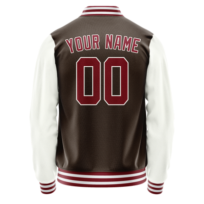 Custom Brown White Solid Color Varsity Letterman Jacket