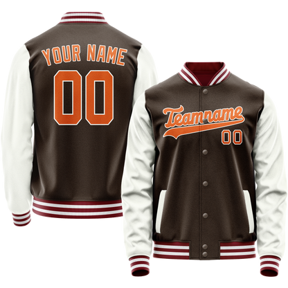 Custom Brown White Solid Color Varsity Letterman Jacket