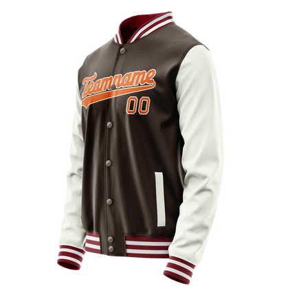 Custom Brown White Solid Color Varsity Letterman Jacket