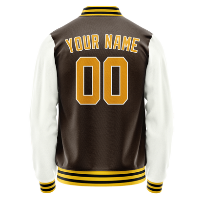 Custom Brown White Solid Color Varsity Letterman Jacket
