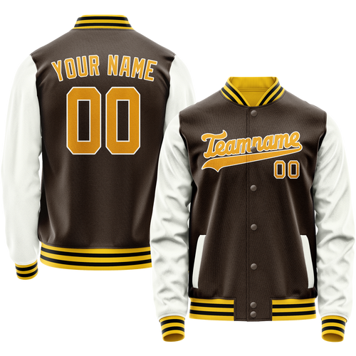 Custom Brown White Solid Color Varsity Letterman Jacket