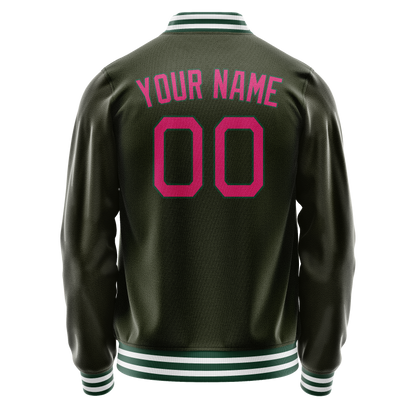 Custom Olive Pink Solid Color Varsity Letterman Jacket