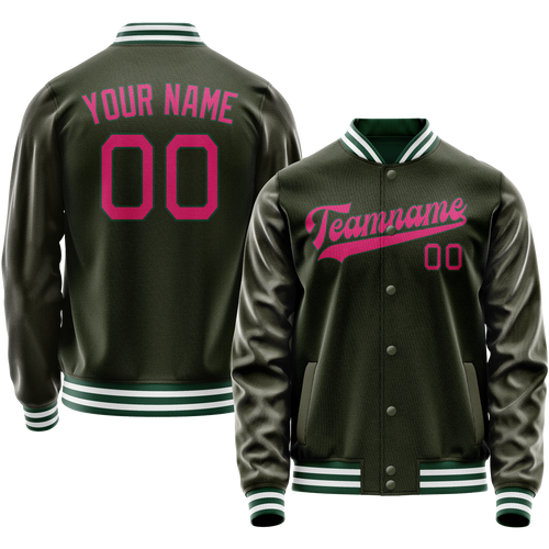 Custom Olive Pink Solid Color Varsity Letterman Jacket