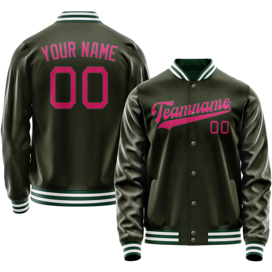 Custom Olive Pink Solid Color Varsity Letterman Jacket