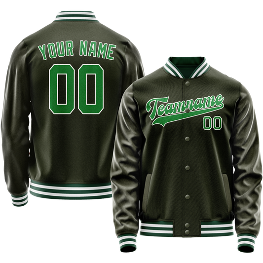 Custom Olive Neon-Green Solid Color Varsity Letterman Jacket