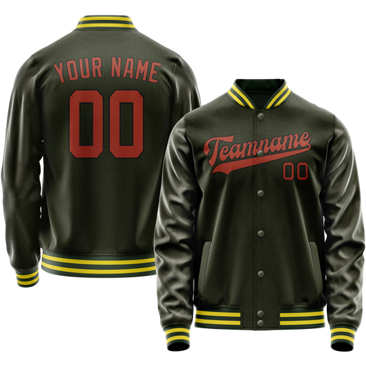 Custom Olive Orange Solid Color Varsity Letterman Jacket