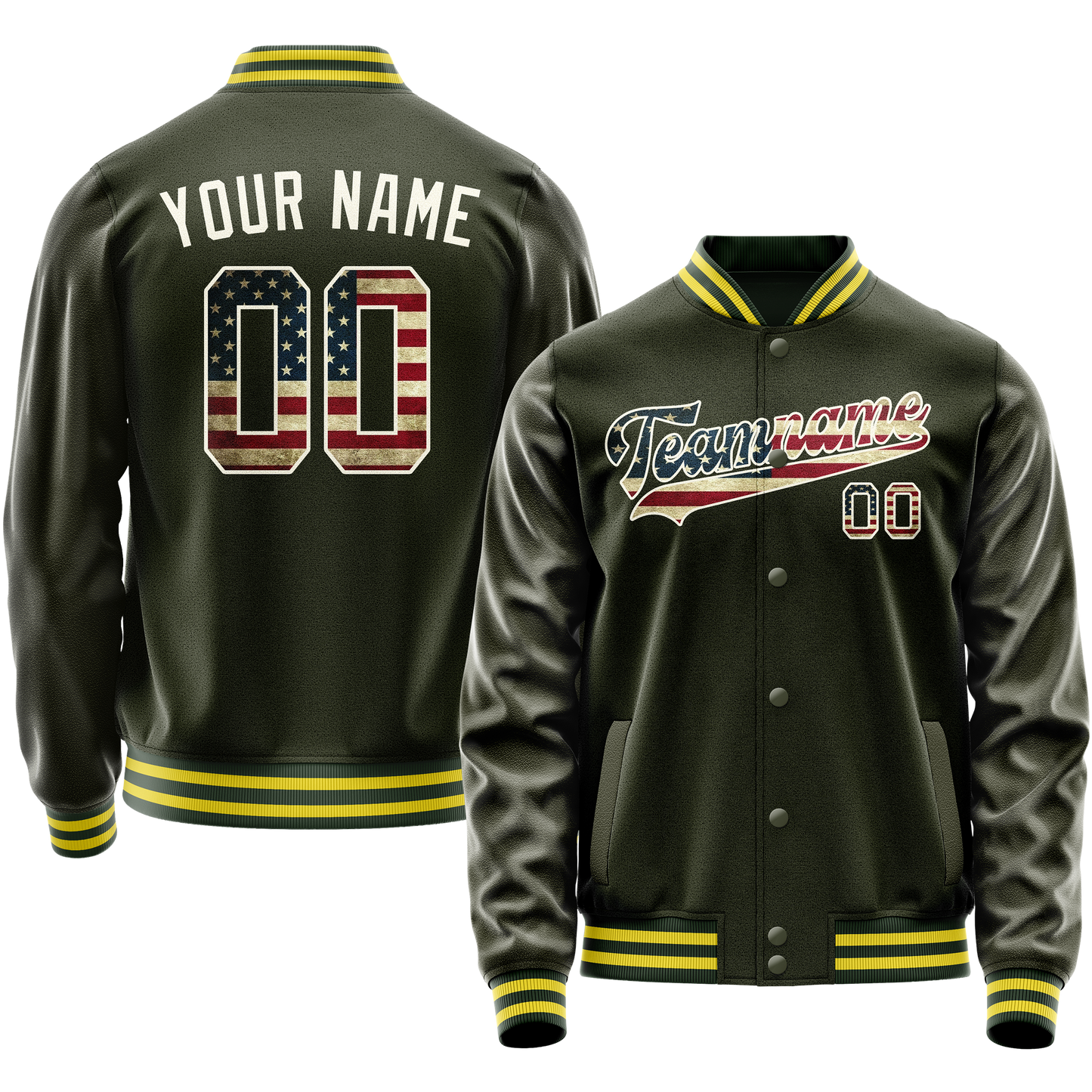 Custom Olive Cream Vintage Usa Flag Varsity Letterman Jacket