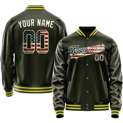 Custom Olive Cream Vintage Usa Flag Varsity Letterman Jacket