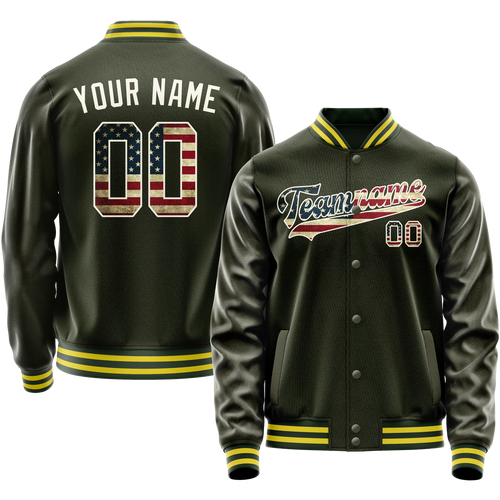 Custom Olive Cream Vintage Usa Flag Varsity Letterman Jacket