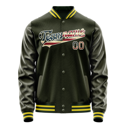 Custom Olive Cream Vintage Usa Flag Varsity Letterman Jacket