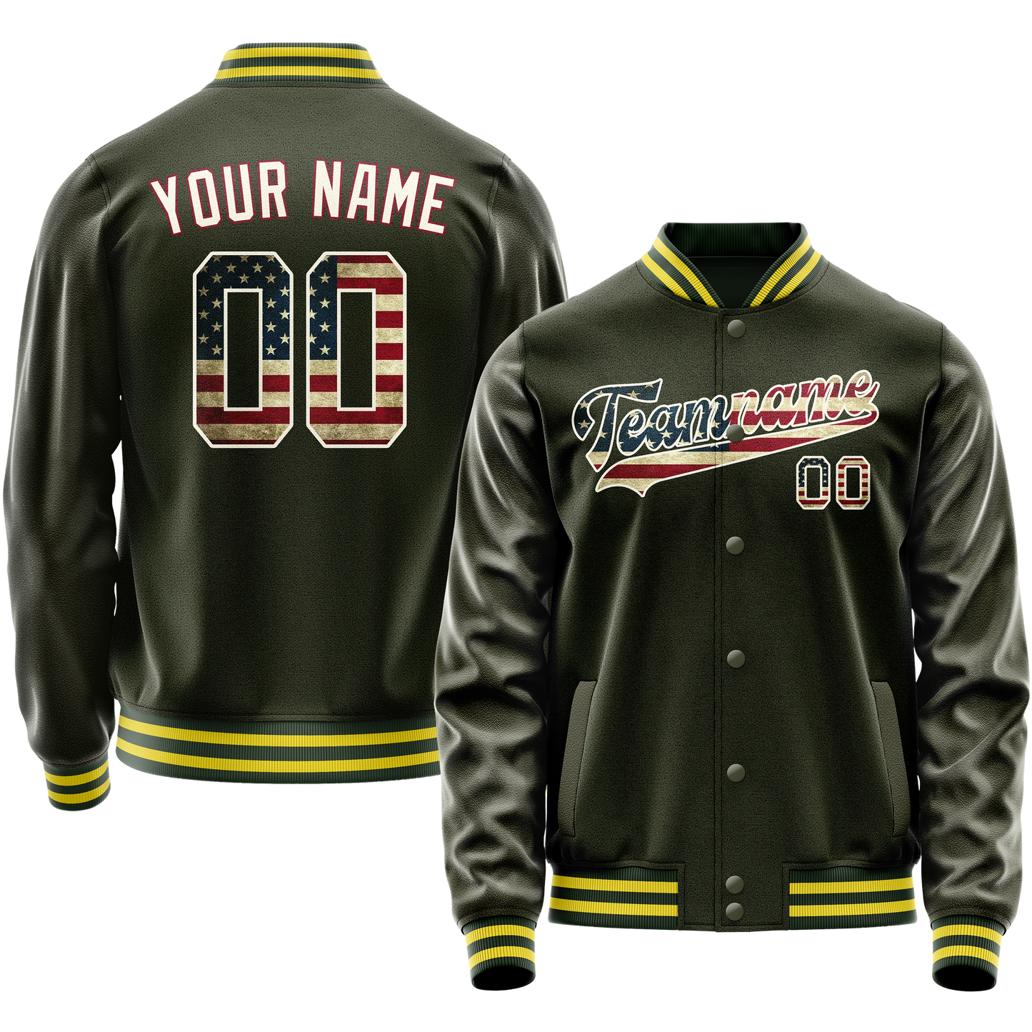 Custom Olive Cream Vintage Usa Flag Varsity Letterman Jacket