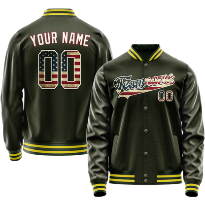 Custom Olive Cream Vintage Usa Flag Varsity Letterman Jacket