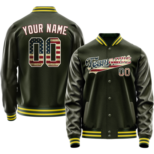 Custom Olive Cream Vintage Usa Flag Varsity Letterman Jacket