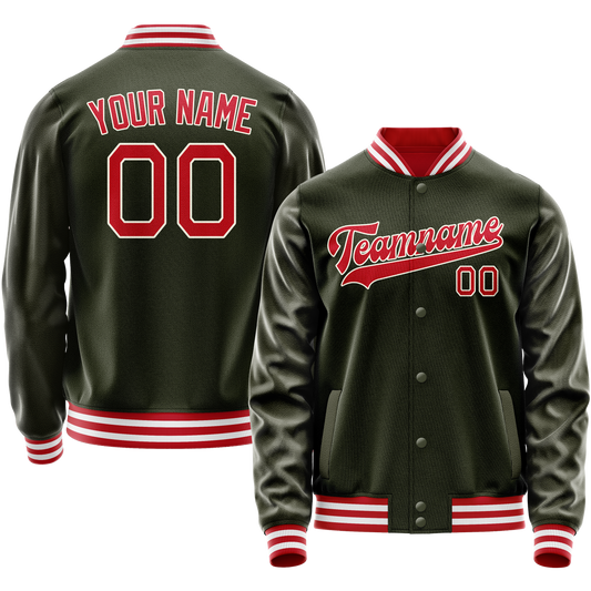 Custom Olive Red Solid Color Varsity Letterman Jacket