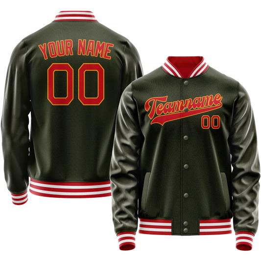 Custom Olive Red Solid Color Varsity Letterman Jacket