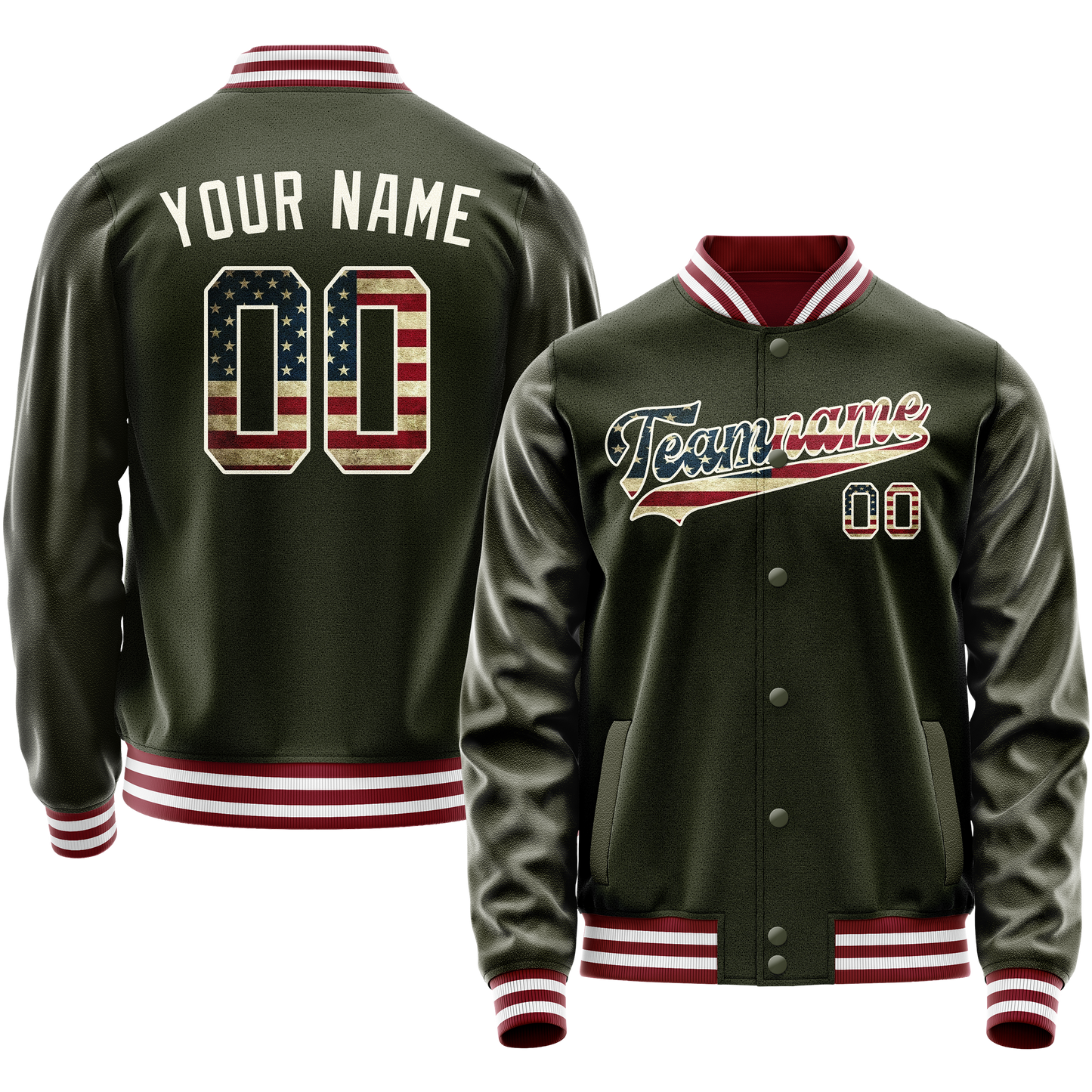 Custom Olive Cream Vintage Usa Flag Varsity Letterman Jacket